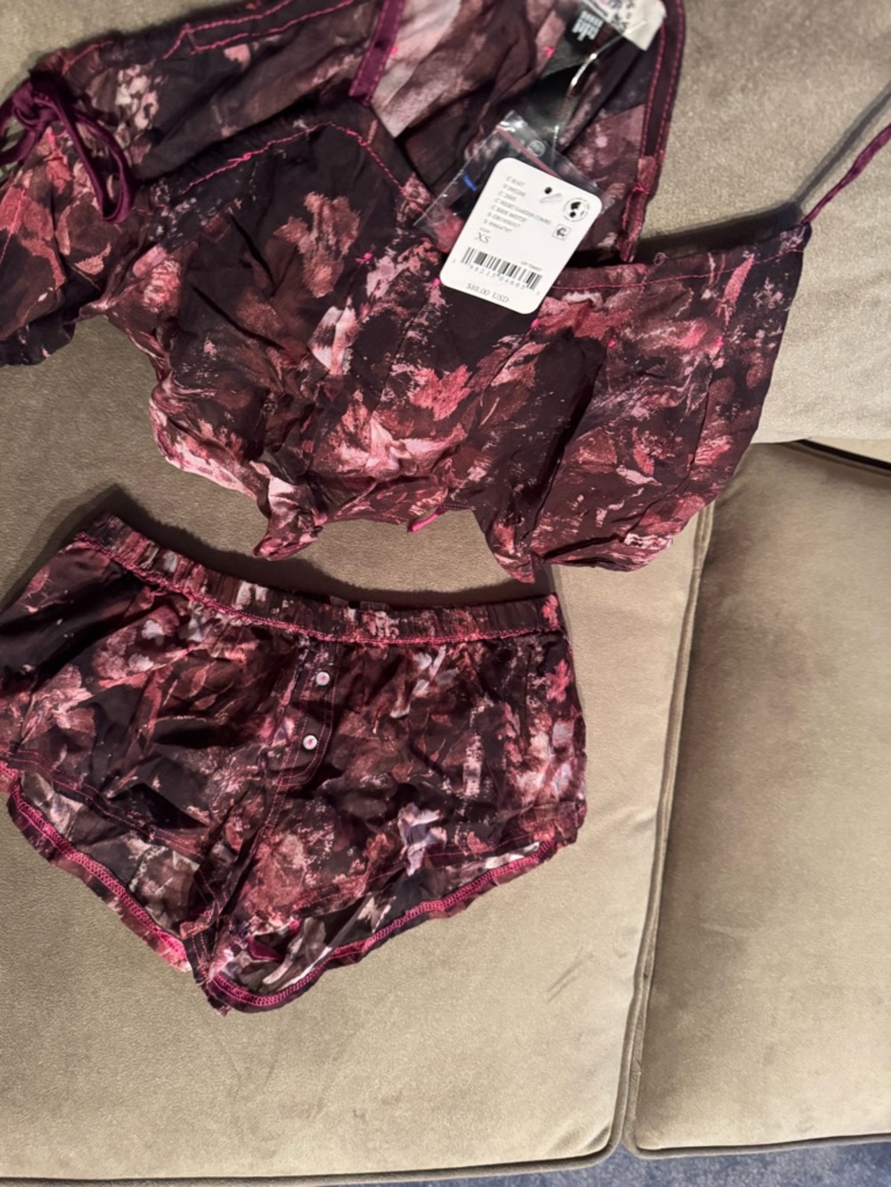 Free People Burgundy & Pink Floral Satin Cami and Short Set - Picture 2 of 5